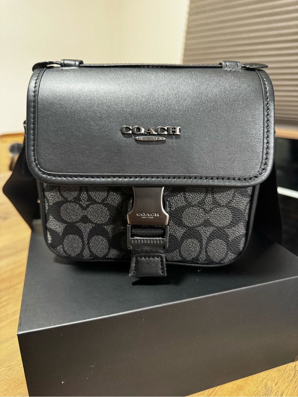Coach Racer Crossbody Black Signature Canvas Messenger Bag with Leather Flap